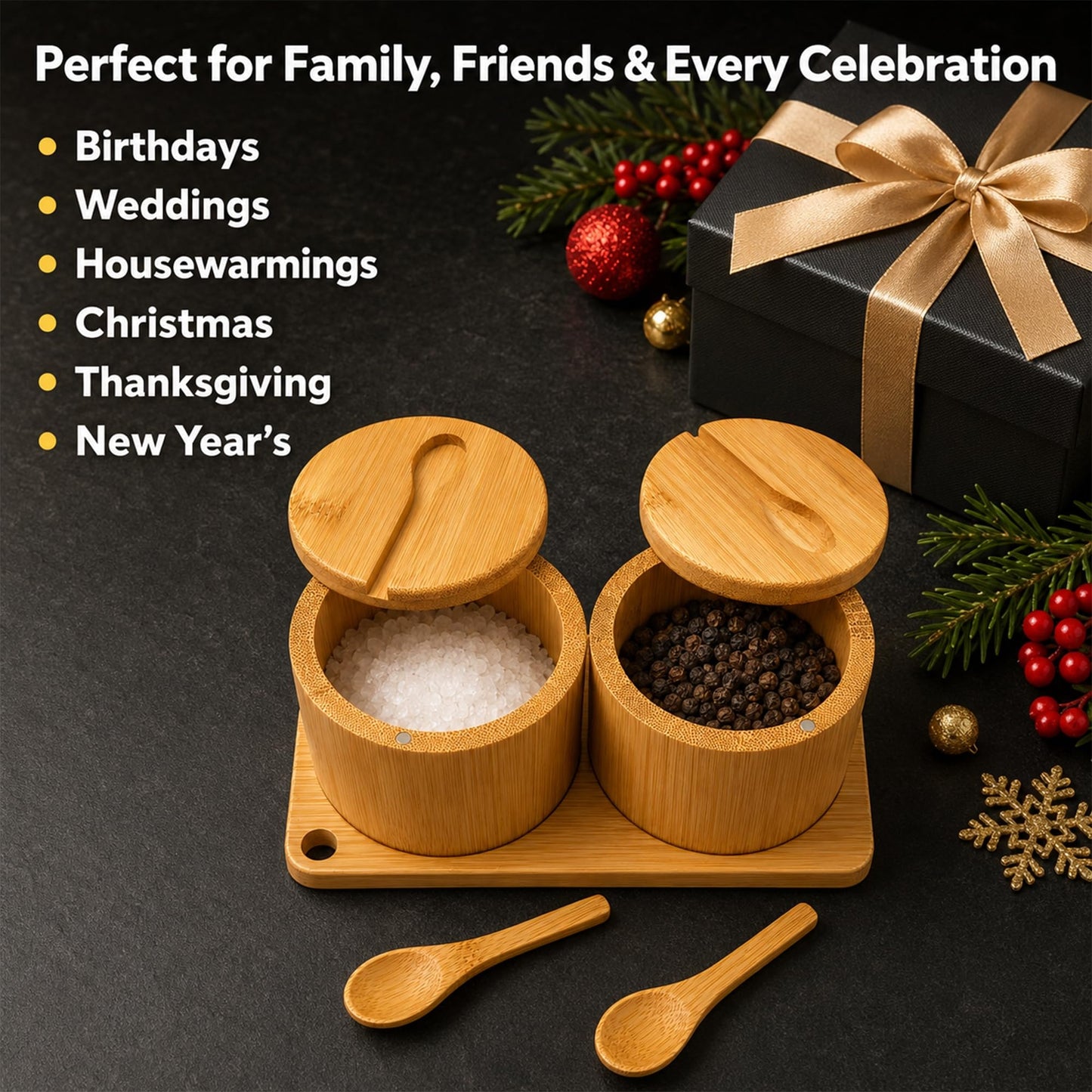 Bamboo Salt Cellar Set with Tray, 2 Salt and Pepper Cellar with Lids & Spoons, Magnetic Swivel Lid, 16 Labels, Spice Containers for Salt, Pepper, Sugar, Spices, Kitchen Countertop Organizer, 9 OZ Each