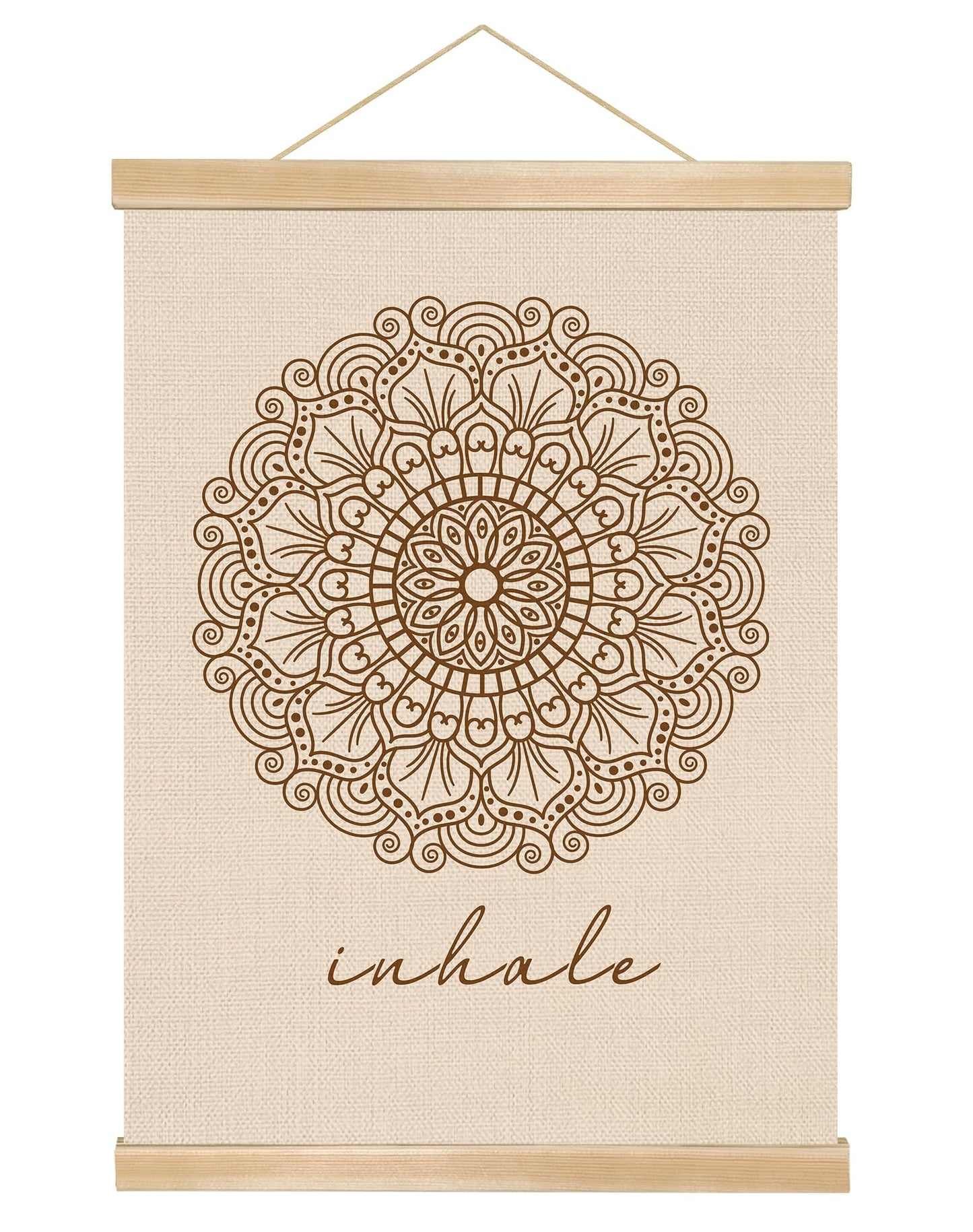 Inhale Mandala Wall Art ,Minimalist Yoga & Meditation Poster, Natural Linen Canvas with Wooden Hanger, Boho Zen Decor for Breathing Space, Spa Room, or Mindfulness Corner 14x18.5Inch(BG010)