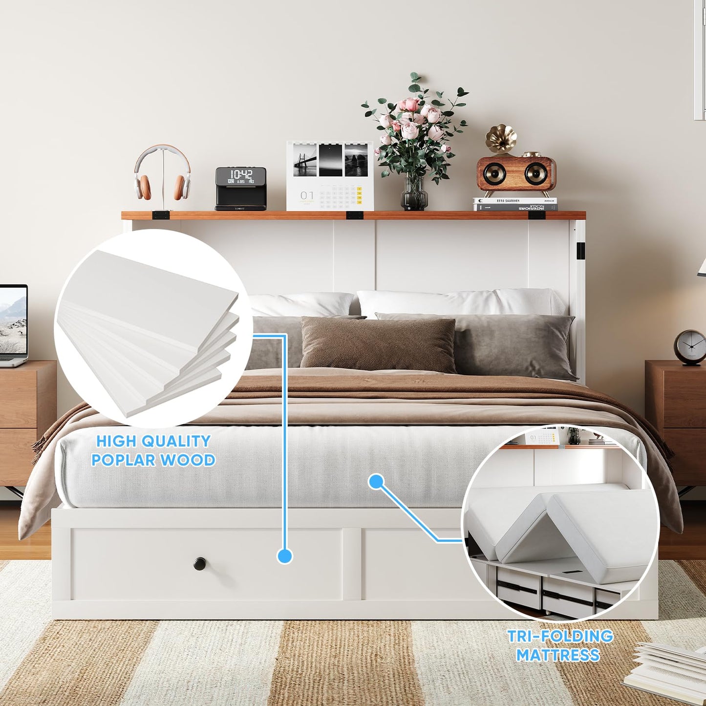 Mjkone Queen Size Murphy Bed, Storage Drawers, Hidden Folding Cabinet Bed with USB Charging Station, Space Saving Wall Chest Beds for Bedroom Living Room, White（No Mattress）