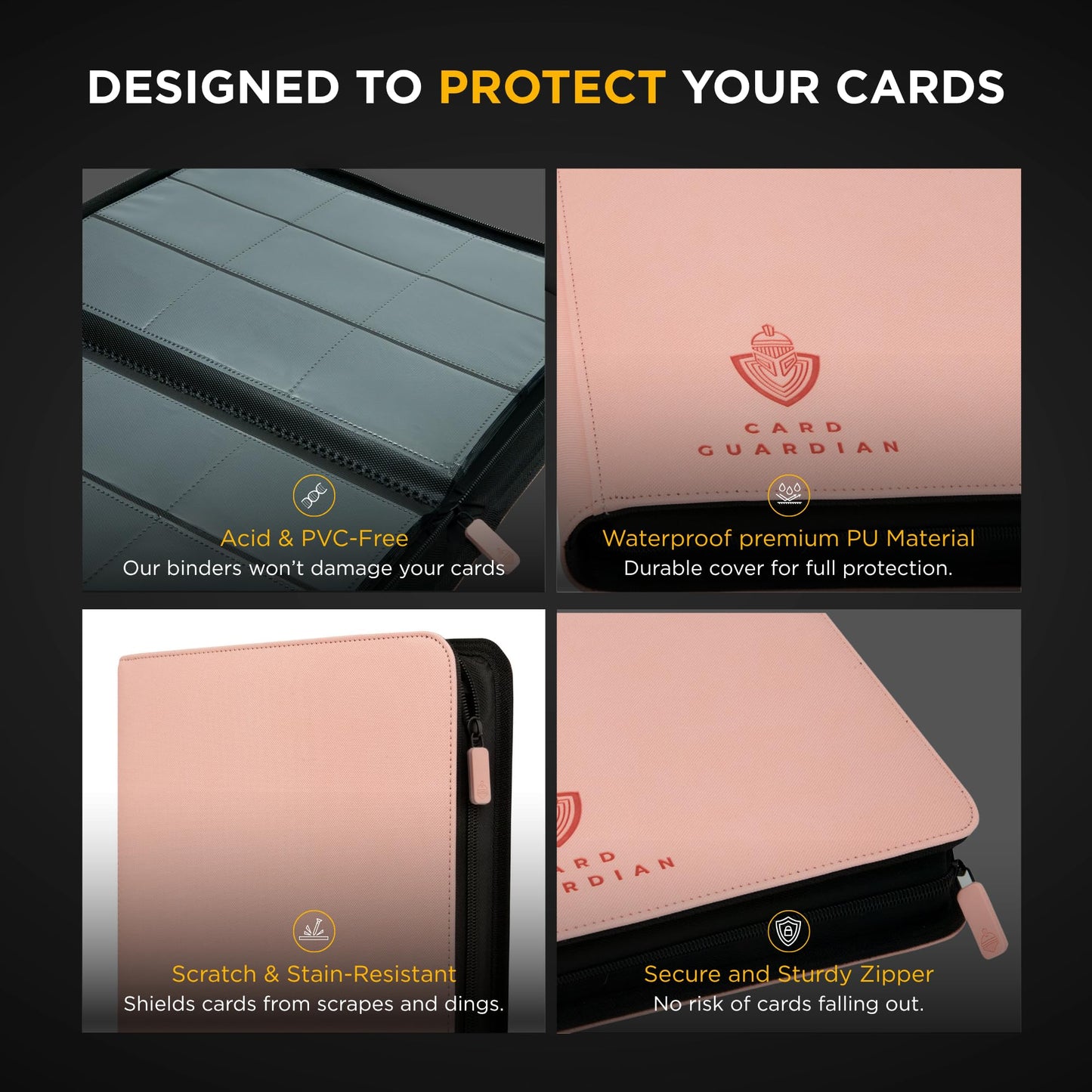 Card Guardian - 9 Pocket Premium Binder with Zipper for 360 cards - side loading pockets for Trading Card Games TCG (Pink)