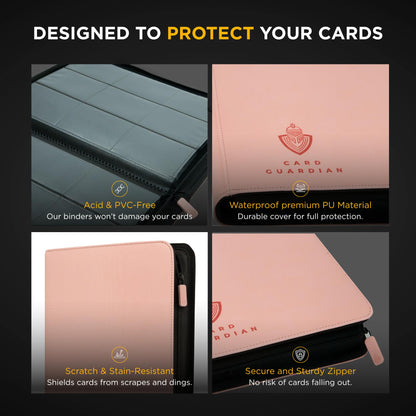 Card Guardian - 9 Pocket Premium Binder with Zipper for 360 cards - side loading pockets for Trading Card Games TCG (Pink)