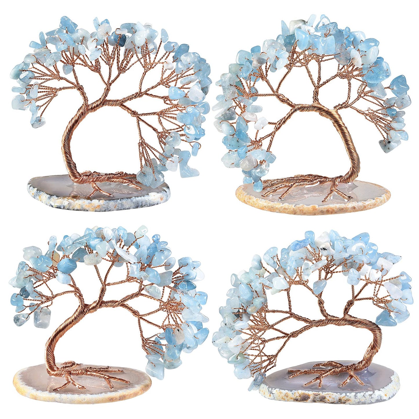 mookaitedecor Natural Aquamarine Crystal Money Tree Agate Slice Base Feng Shui Bonsai Crystal Tree for Wealth Luck Desk Decor, 3-4 Inch High