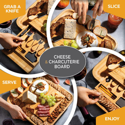 Charcuterie Boards Gift Set by Bambüsi - Large Bamboo Cheese Board for Serving, Entertaining, Cheese Platter for Kitchen, House Warming Gifts New Home, Wedding, Bridal Shower, Birthday Gifts for Women