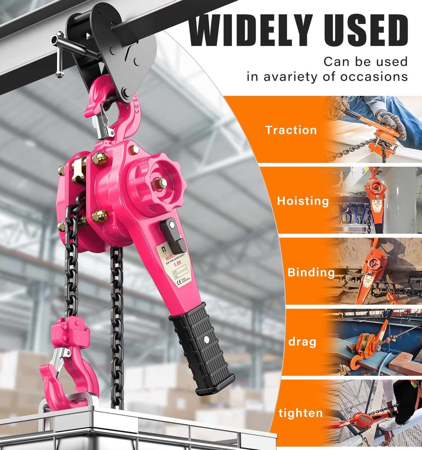 HUGOASIS 1-1/2 Ton 3300lbs Lever Chain Hoist Capacity 10ft,Chain Come Along with Dual Brake System, G80 Manganese Steel Chain, 2 Heavy Duty Hooks for Garages Warehouse Automotive Machinery – Pink