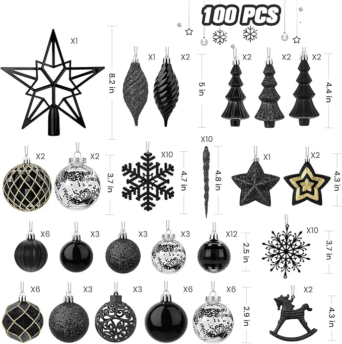 SHareconn 100pcs Christmas Tree Decorations Ornaments Set, Shatterproof Plastic Baubles Decorative Balls for Xmas Tree Decor Holiday Wedding Party, Black