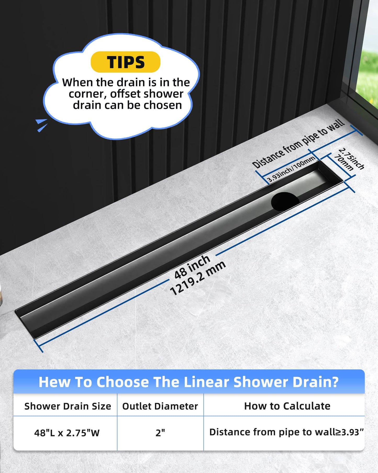 HTOH Shower Drain Offset Outlet for Bathroom: 48-Inch Black Linear Shower Drain with Removable Tile Insert Grate - 304 Stainless Steel Rectangular Shower Floor Drain Side Outlet with Hair Catcher