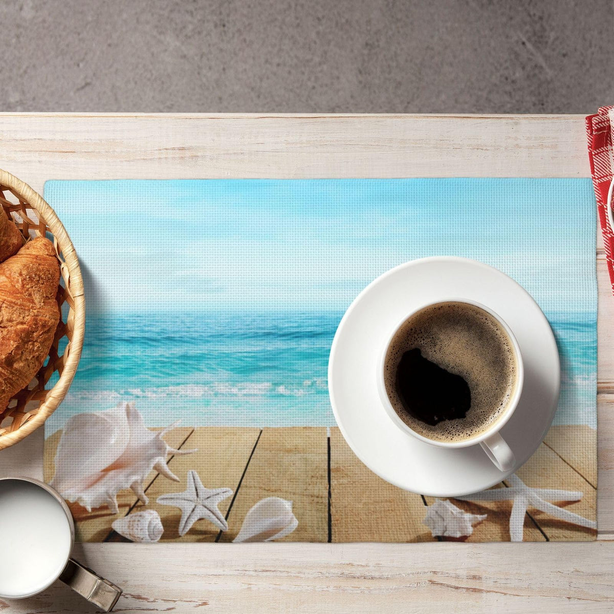 Seashells Placemats Set of 4 Wooden Boardwald Sunshine Vacations Beach Theme Reusable Linen Table Mats Wipeable Rectangle Place Mats for Home Kitchen Dining Decoration 12x18 Inch