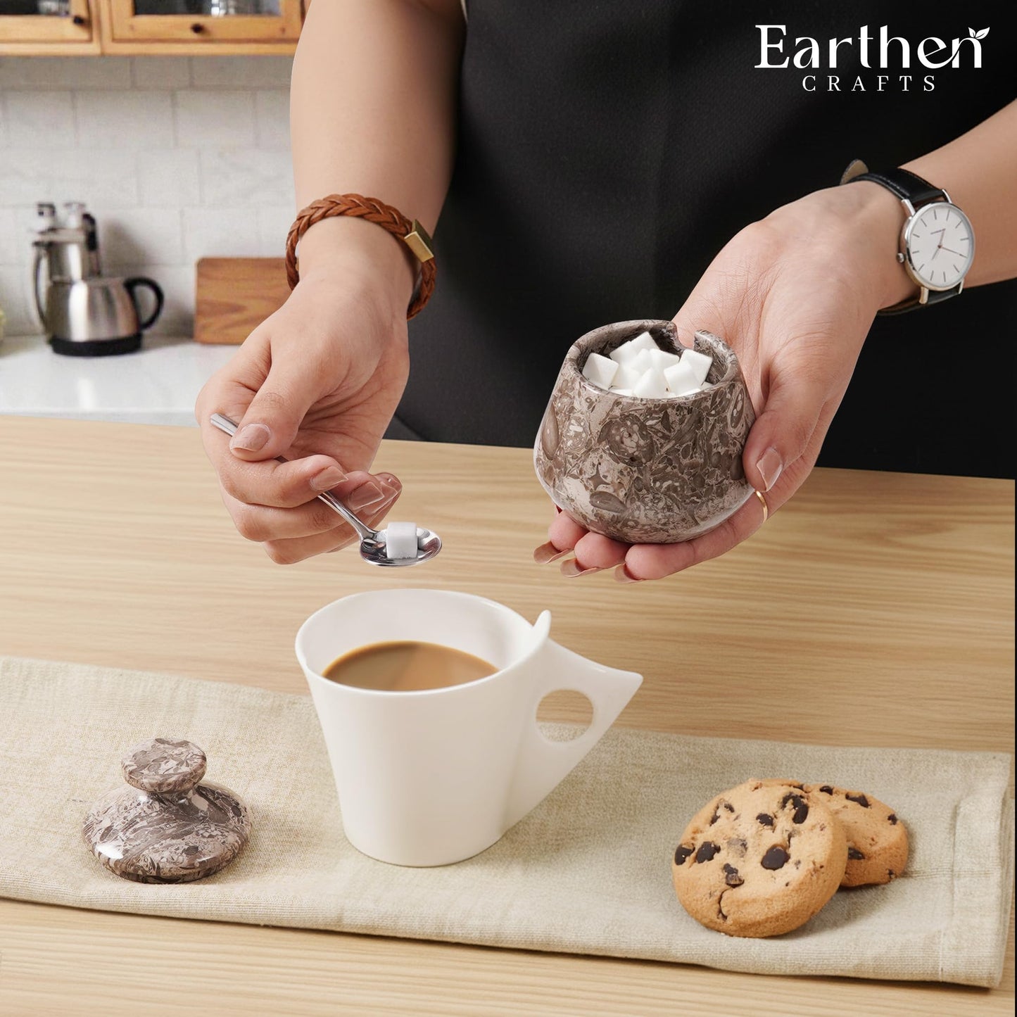 Earthen Crafts Marble Salt Cellar with Lid and Spoon 3" Inches Oceanic Salt Box Spice Jar Handmade Stone Salt Holder Sugar Storage Container for Dinning table Countertop, Ideal Gift For Kitchen Decor