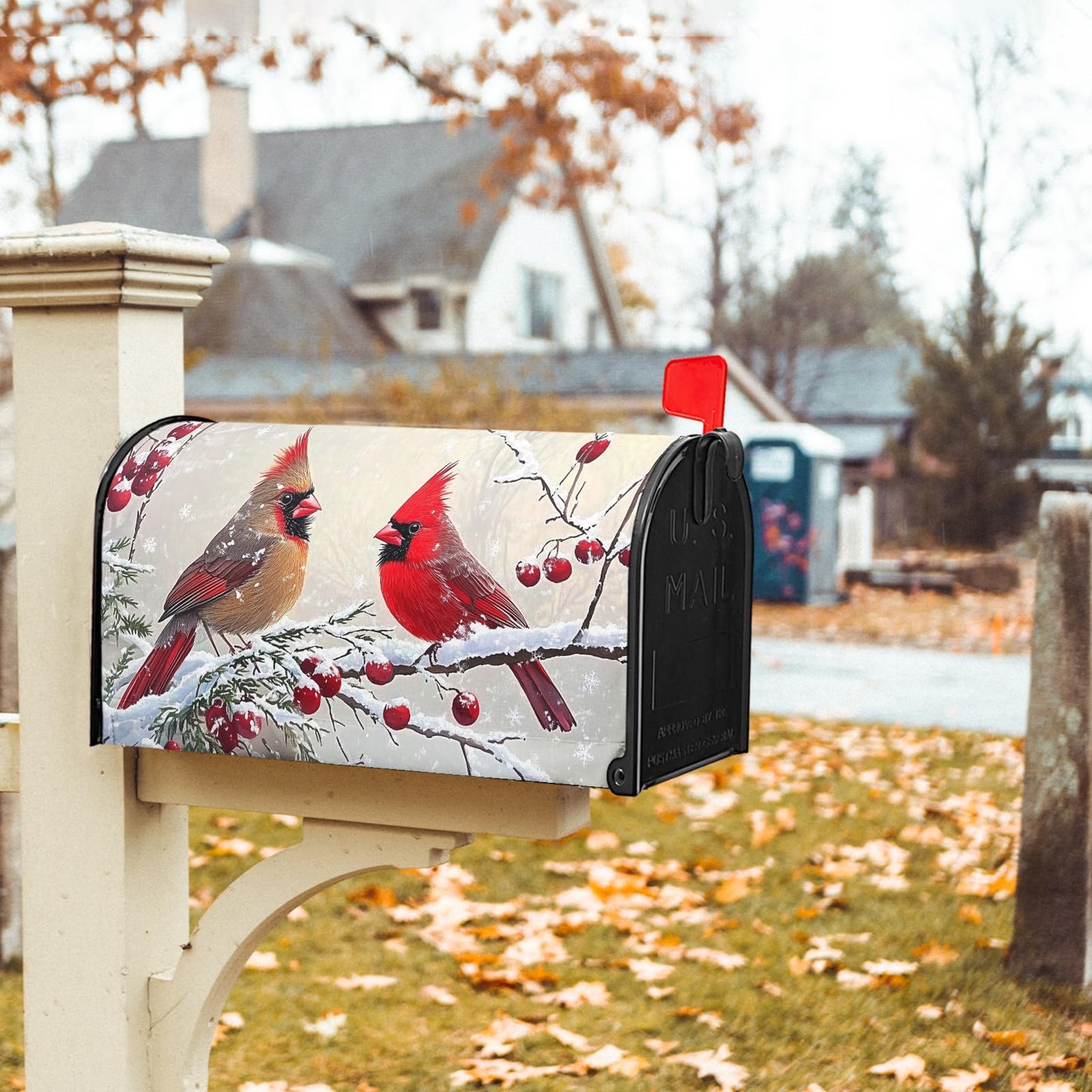 Kawani Winter Mailbox Cover Christmas Birds Holly Berry Branches Snow Mailbox Covers Magnetic Standard Size 21x18 Inch Winter Xmas Holiday Post Letter Box Cover for Garden Yard Decor