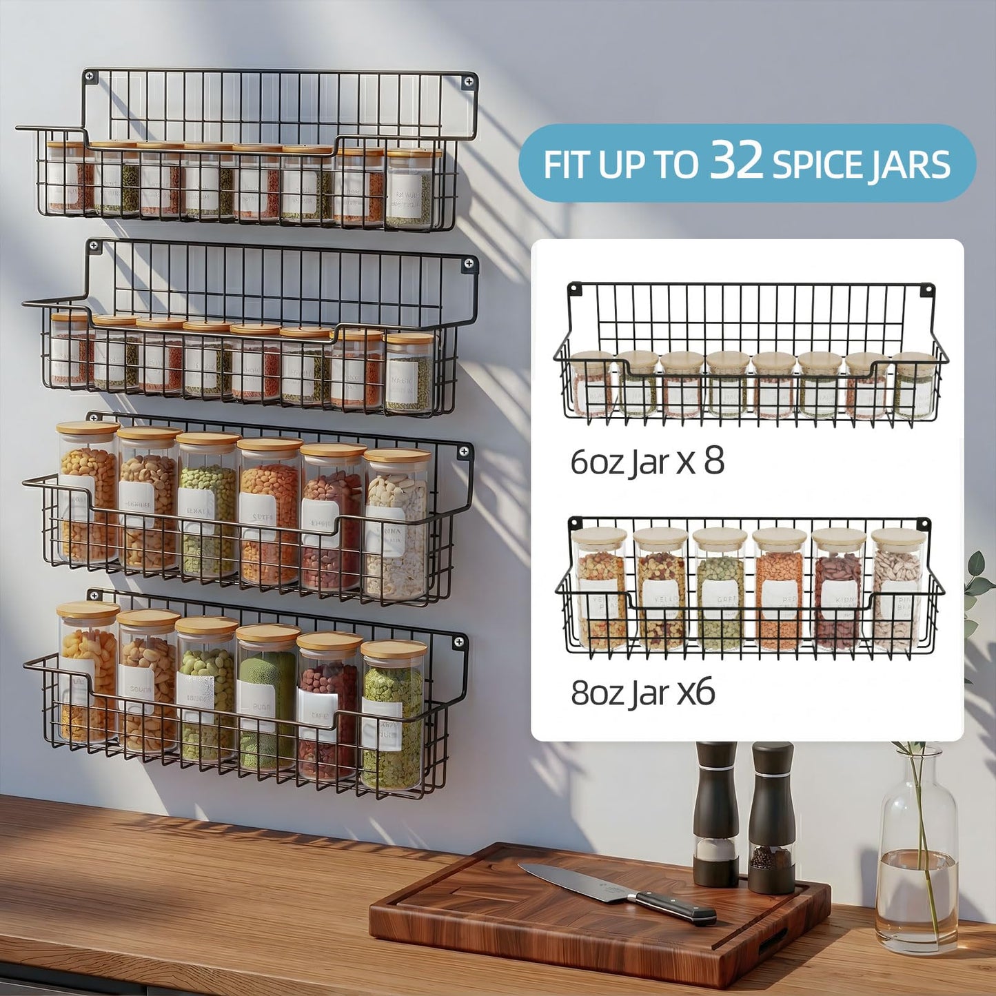 AURIKAR Spice Rack Wall Mount, Spice Organizer for Cabinet & Pantry Door, Set of 4 Hanging Spice Rack Saving Space for Kitchen, Black