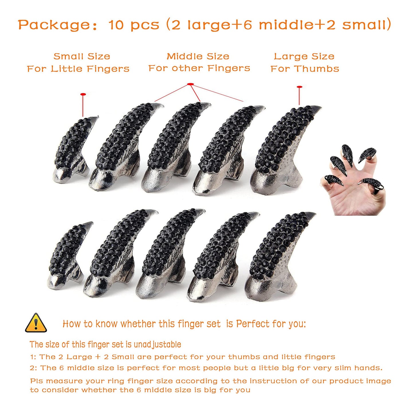 10 Pcs Halloween Costume Claws Fake Nails Ring Set, Bestga Gothic Punk 3 Sizes Crystal Full Finger Rings Paved Paw Bend Fingertip Fingernail Claw Girls Women Men Ring False Easy Long Nails (Black)