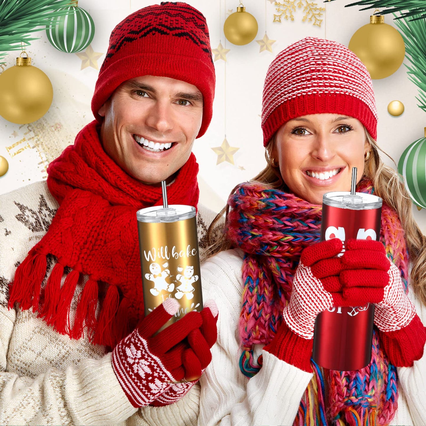 Maxdot 4 Pcs Christmas Tumbler with Lid and Straw Stainless Steel Christmas Cup Double-Insulated Water Travel Mug Vacuum Tumbler with Cleaning Brush Xmas Gift(Funny Style,Red/green/gold/silver)