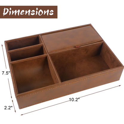 Zcaukya Men's Valet Tray, Jewelry Box Nightstand Organizer with 5 Compartments for Phone Keys Wallet Watch Glasses, Faux Leather Dresser Entryway Catchall Holder for Father's Day Gift (Brown)