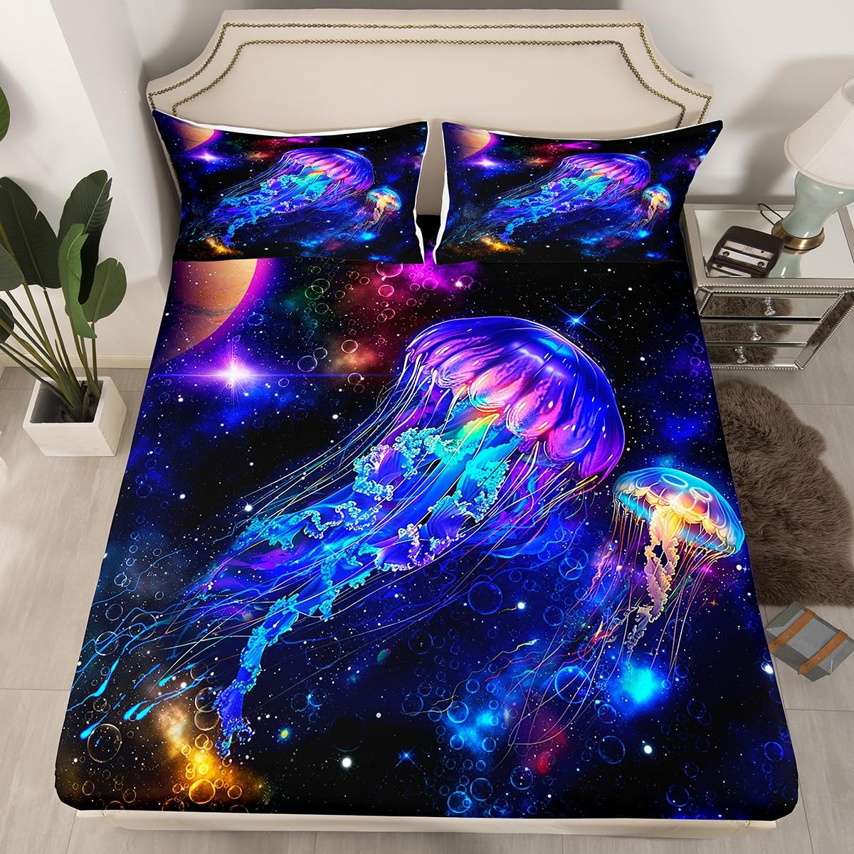Jellyfish Galaxy Fitted Sheet Set Full Size 4 Pcs,Blue Nebula Spaceship Bedding Set(1 Fitted,1 Flat,2 Pillowcases),Universe Stars Planets Luxury Deep Pocket Bed Sheets for Girls Teesn Room