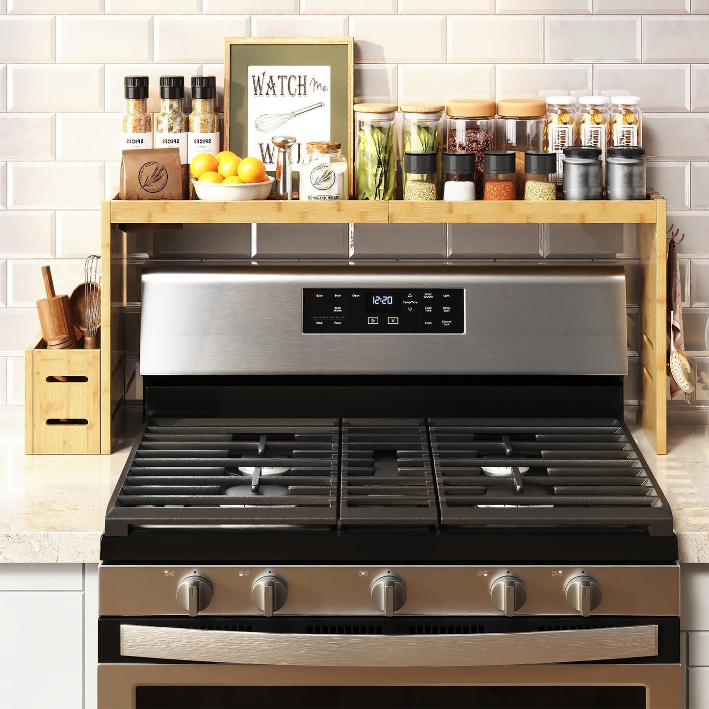 MAICHUAN Bamboo Stove Shelf, Spice Shelf for Kitchen Stove, 31in Over the Stove Shelf, Stove Top Shelf for Back of Stove with EVA Kitchen Liner, Utensil Holder & 6 Hooks, for Over Stove