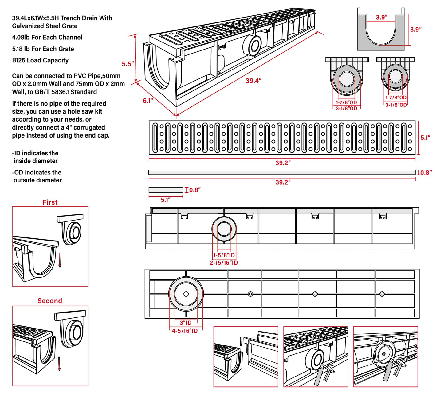 Natotela Channel Drain with Galvanized Steel Grates-39.4Lx6.1Wx5.5H in. Deep Profile Trench Drain System for Driveway,6 Pack Total Length 236.2in,Heavy Duty Drainage System for Garage,Parking Lot
