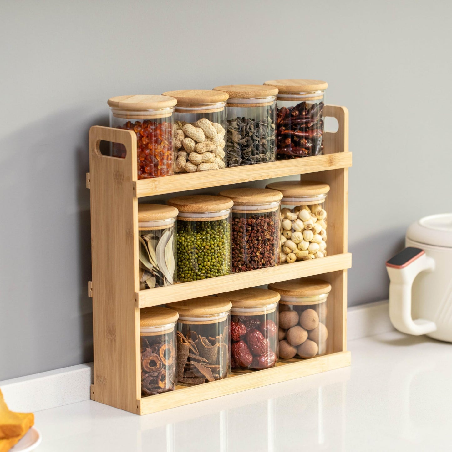 Basicwise Versatile 3-Tier Bamboo Spice Rack and Pantry Organizer with 12 Glass Jars – Perfect for Countertop Storage in Kitchens to Keep Seasoning Containers Neatly Displayed and Easily Accessible