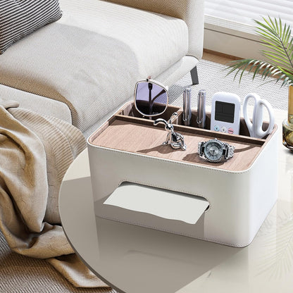PU Leather Tissue Box Cover Rectangular with Storage Organizer, Multifunctional Remote Control Holder, Desk Organizer for Living Room, Bedroom, Office, Decorative Tissue Holder with Compartments Beige