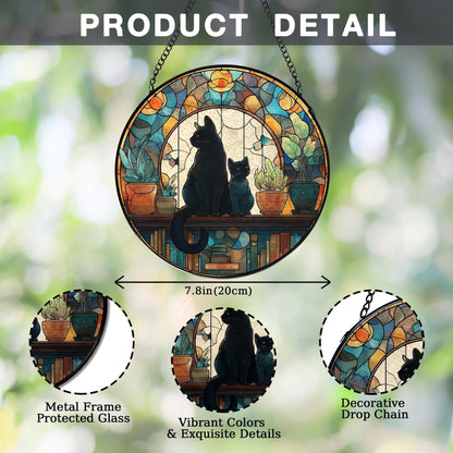 LIANGEAGOM Black Cat Book Lovers Stained Glass Window Hanging, Book Lovers Reader Gifts Suncatchers Sun Catchers Indoor Window Glass Wall Art Decorations, Black Cat Gifts for Women, 7.9x7.9in, Patio