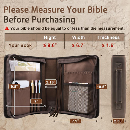 Classic Leather Bible Cover Case with Cross Design and Handle for Men Women, Durable Bible Study Supplies Organizer Carrying Bag, Perfect Christmas Gifts for Christians with Gift Box（Dark Brown