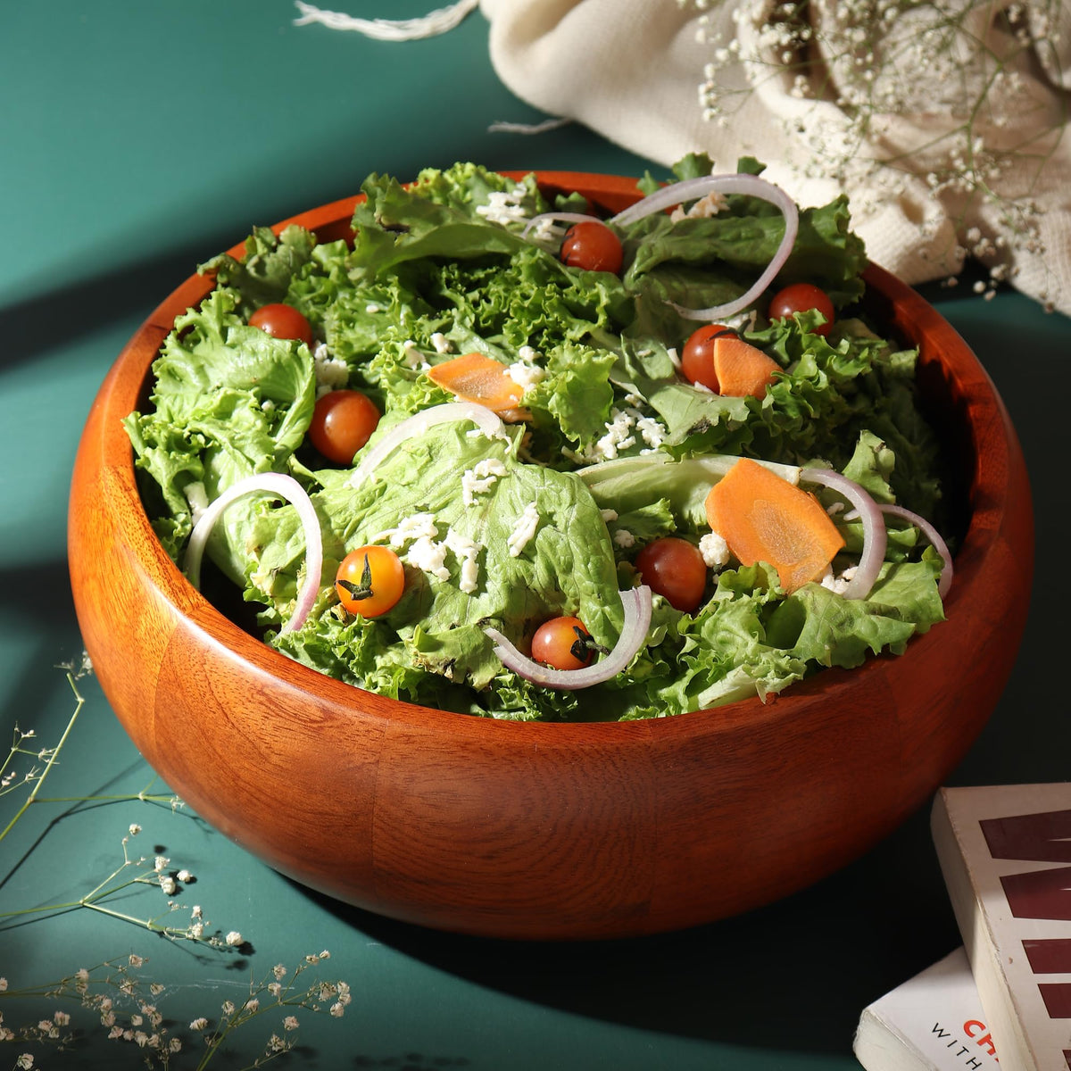 LAVAUX DESIGNS Extra large Wooden salad Bowl with 2 servers | 12x4 inches | 4.5 quarts capacity | Food safe salad serving bowl | (Natural Finish)