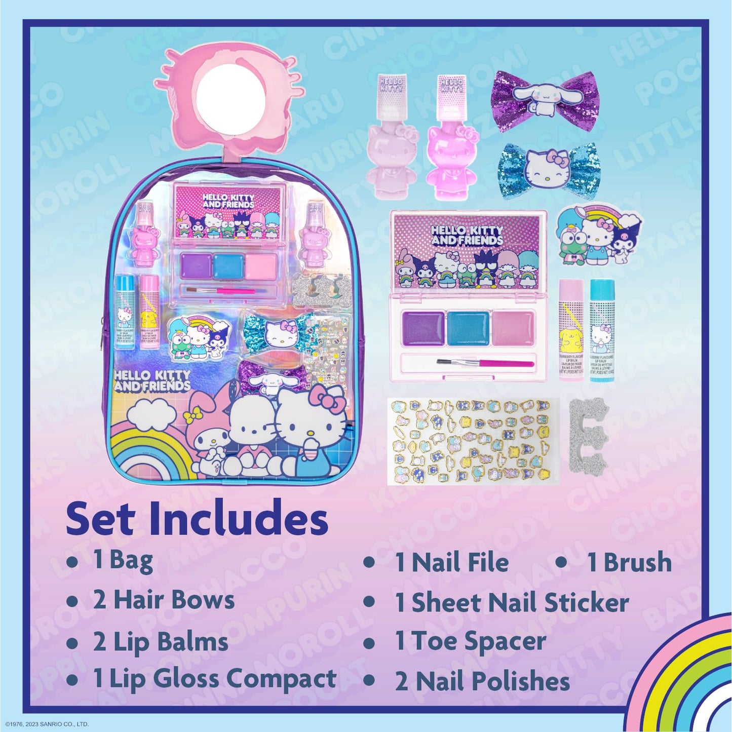 Hello Kitty and Friends Makeup Filled Backpack Set with 12 Pieces, Including Lip Gloss, Nail Polish, Nail Stones and Other Accessories, Ages 3+ for Parties, Sleepovers and Makeovers by Townley Girl