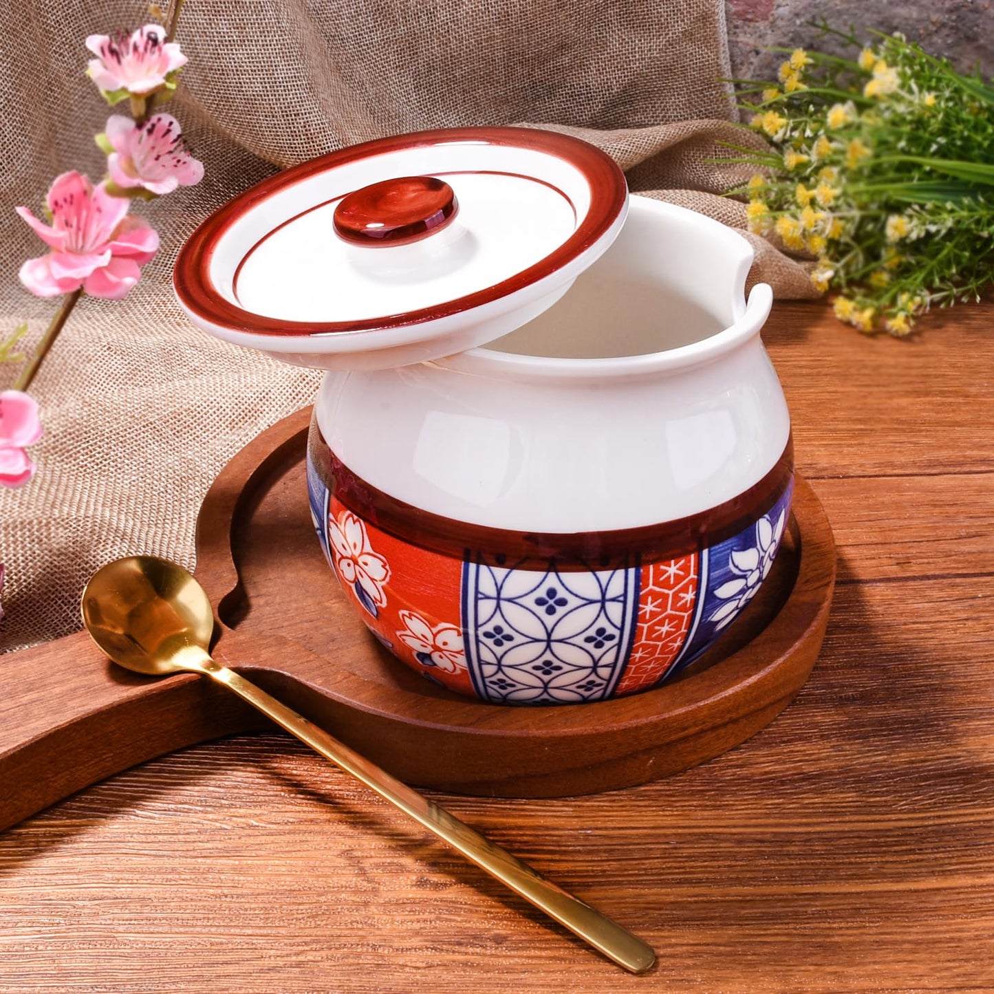 BOSILI Ceramic Spice Jar Set of 2, Airtight Canisters with Lids and Spoons, Floral and Geometric Pattern Containers for Spices, Sugar, Coffee and Tea