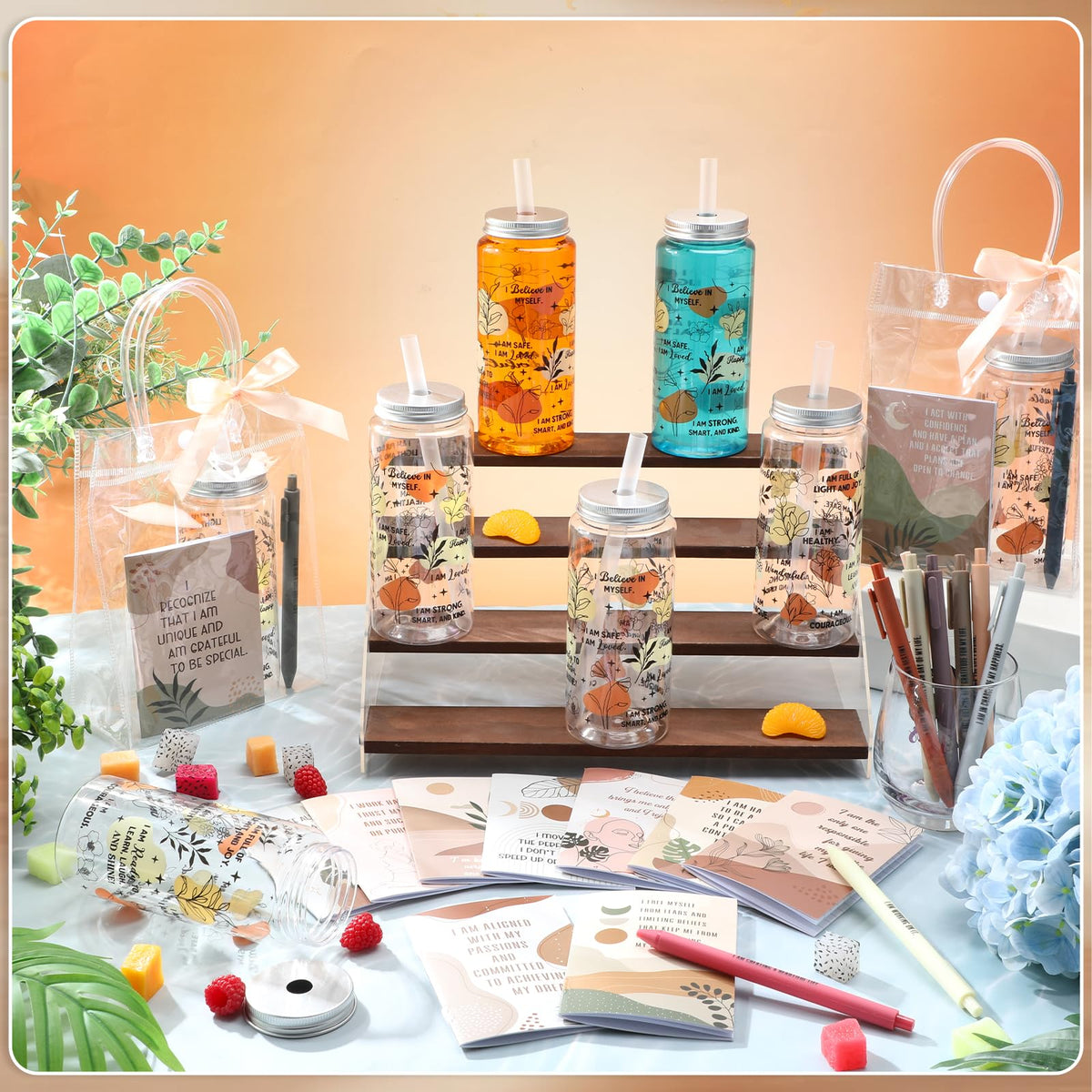 Kosiz 36 Pcs Boho Positive Affirmation Gift Set for Women, 12 Gratitude Notebooks 12 Plastic Cups with Lids Straws 12 Gift Bags, Mother's Day Thank You Gifts for Teachers Nurses Employee Coworker