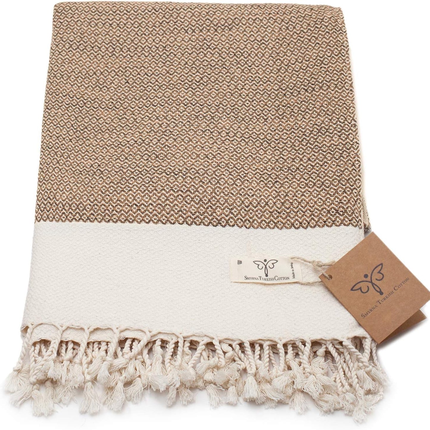 SMYRNA TURKISH COTTON Throw Blanket Vintage Series, 50x60 inch, Outdoor Blankets, Throws and Blankets for Couch, Sofa, Bed, Chair, Beach Picnic, Travel Boho Turkish Blanket Throw, Latte