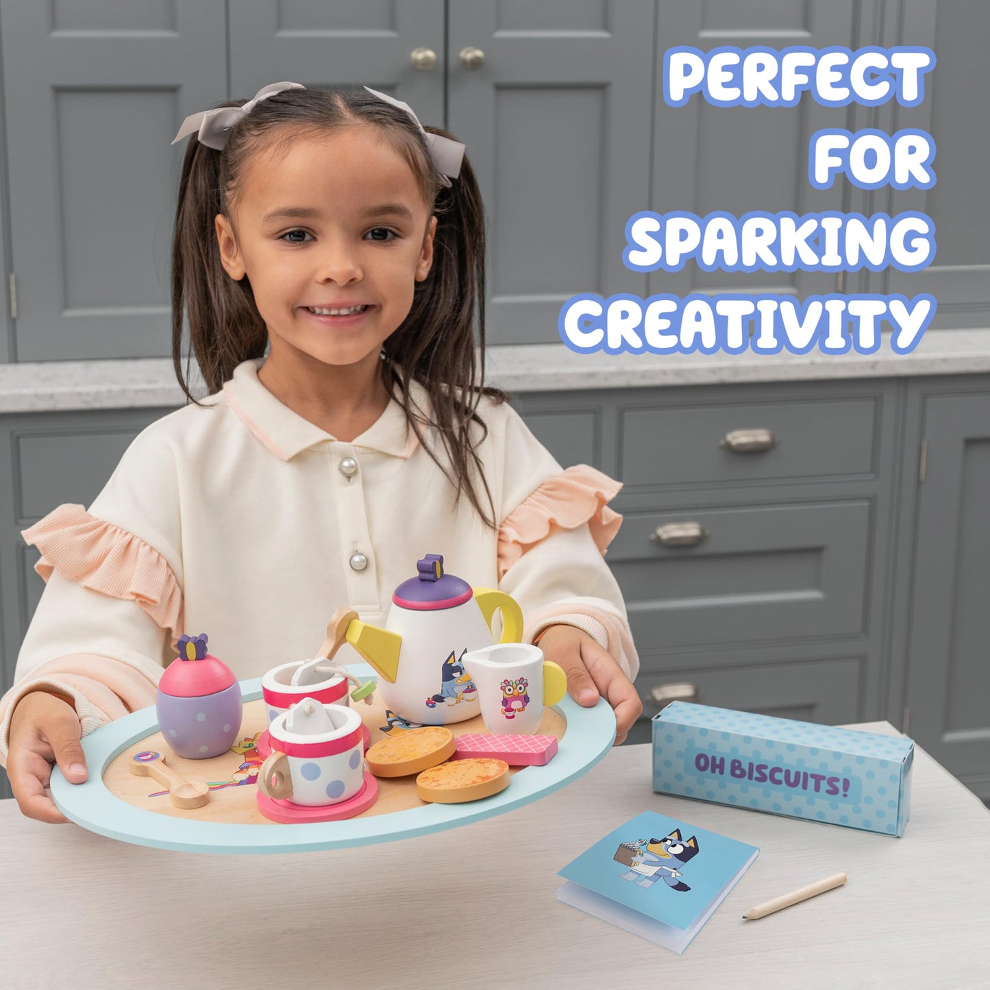 8th Wonder Bluey Toys Wooden Tea Party Set, 18-Piece Durable Toy Tea Set with Tray, Teapot, Teaspoons, and More, Pretend Play for Toddlers of Ages 3+