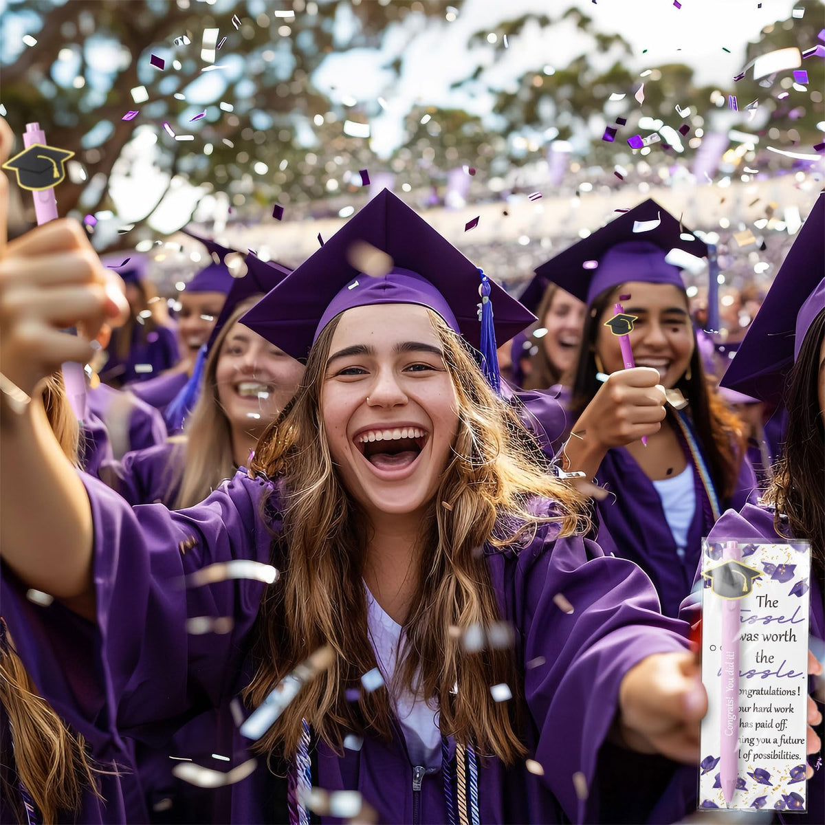 MotiMind 50 Sets Graduation Gifts Class of 2026 Bulk Graduation Party Favor Cap Ballpoint Pen With Motivational Greeting Cards Party Favors for University College Middle High School (Purple)