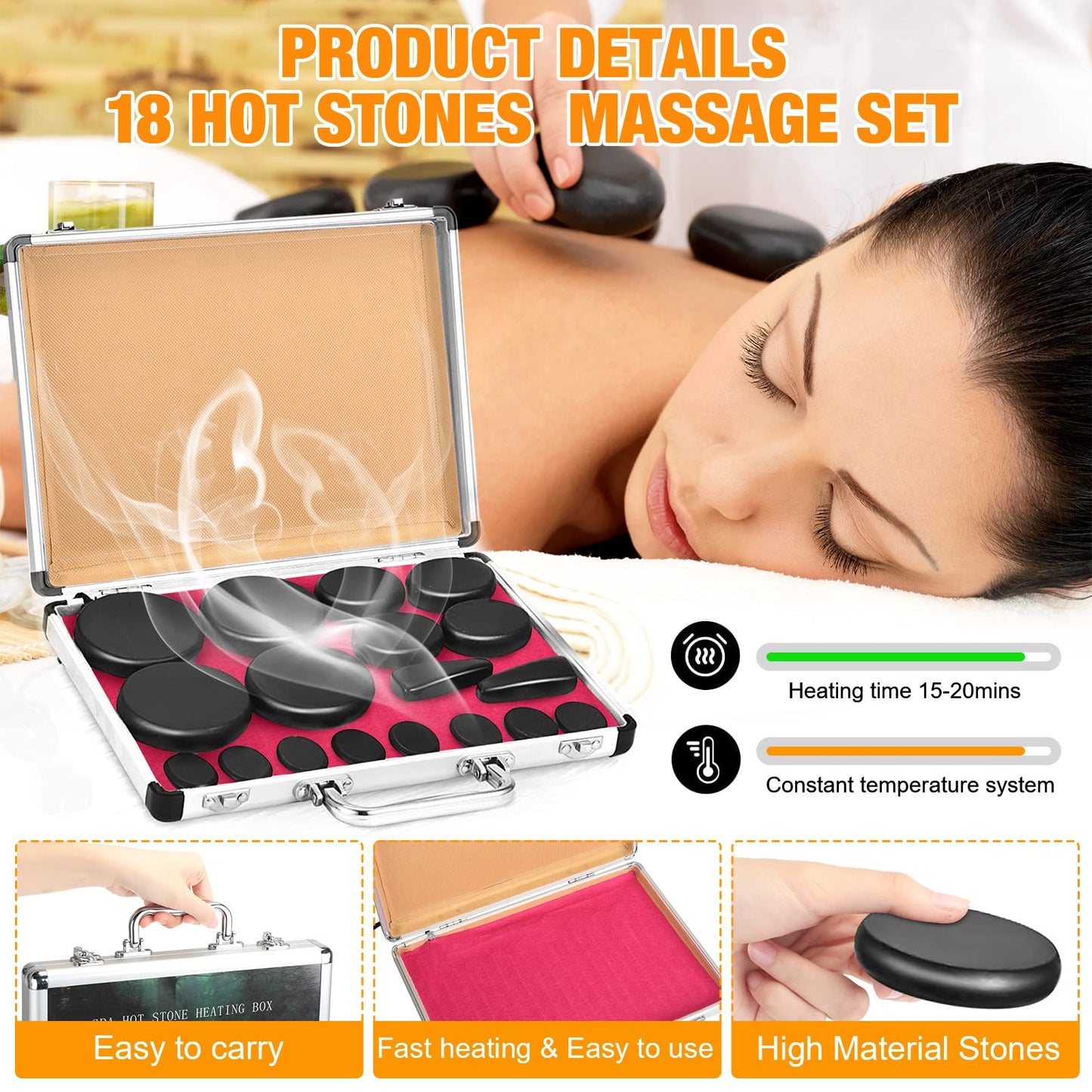 Yunsailing 18 Pcs Hot Stones Massage Set with Electric Heater Box 110v Basalt Massage Rock Kit for Professional Home Spa Warming Relaxing Relief, Constant 50°c (122°f)(Temperature Constant)