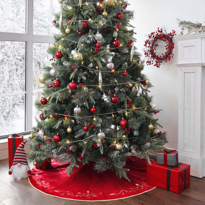 Bunny Chorus Christmas Tree Skirt, 48 inches Red Luxury Velvet Plush Fur Skirts with Gold Embroidered Holly Leaf for Rustic Xmas Tree Holiday Decorations