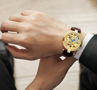CARLIEN Skeleton Automatic Steampunk Watches Gold-Tone Luminous Hands Leather Strap Wrist-Watch (Gold)