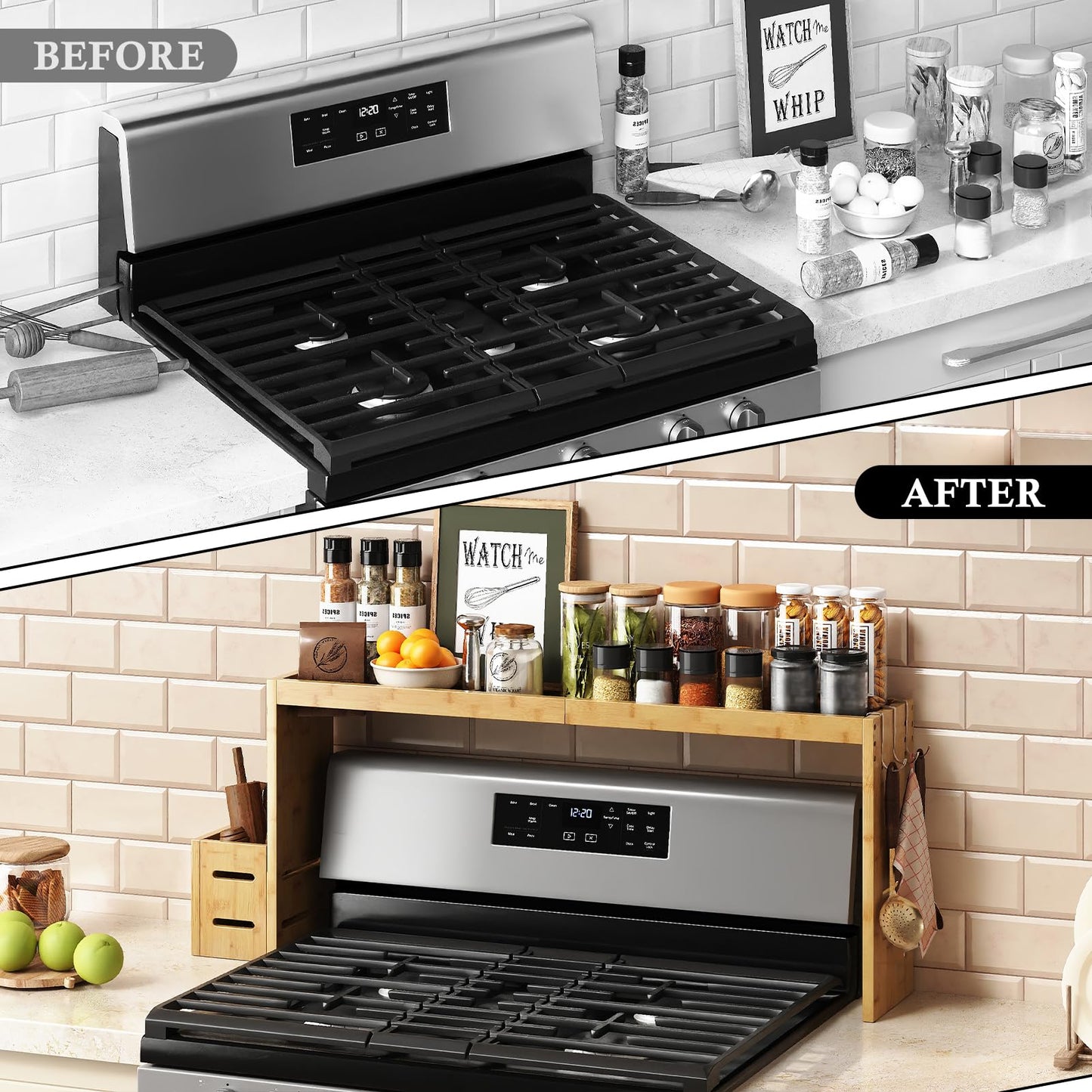 MAICHUAN Bamboo Stove Shelf, Spice Shelf for Kitchen Stove, 31in Over the Stove Shelf, Stove Top Shelf for Back of Stove with EVA Kitchen Liner, Utensil Holder & 6 Hooks, for Over Stove