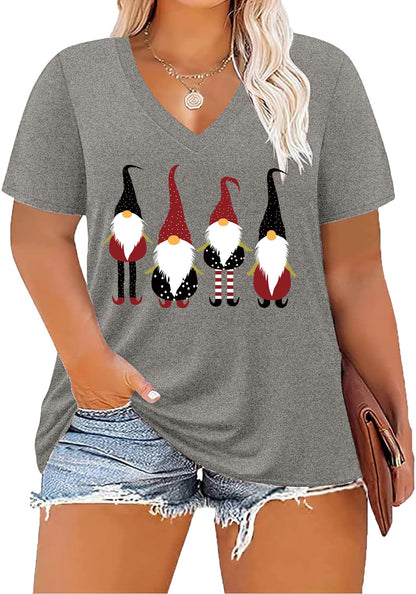 ForHailey Christmas Shirts for Women Plus Size Tops Merry Christmas Gnome Turkey Tee Shirts 2024 V Neck Short Sleeve T-Shirt Christmas Outfits Grey 3X-Large