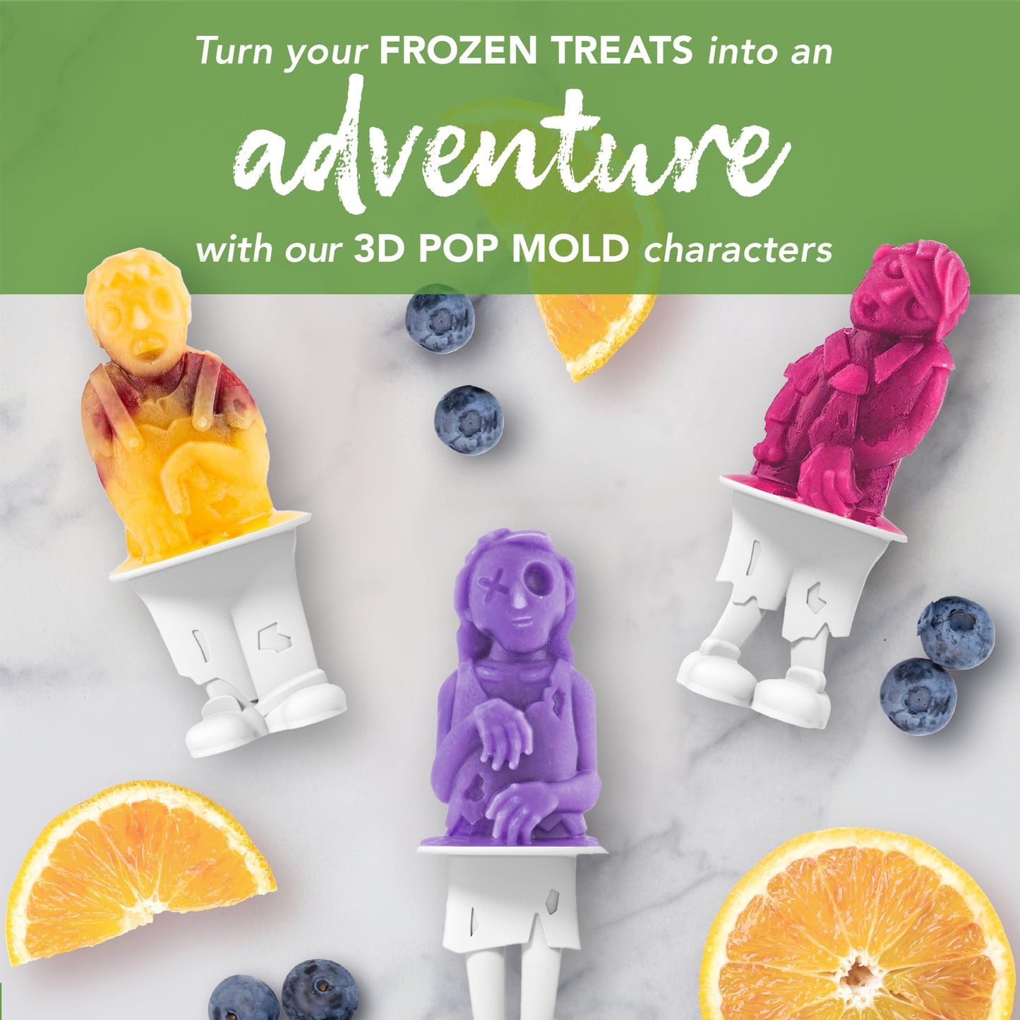 Tovolo Zombie Ice Pop Mold Set of 4 Silicone Halloween Popsicle Molds with Skeleton Sticks, Dishwasher Safe Spooky Zombie Popsicle Molds for Halloween Treats, BPA Free Food Safe Reusable Silicone Mold