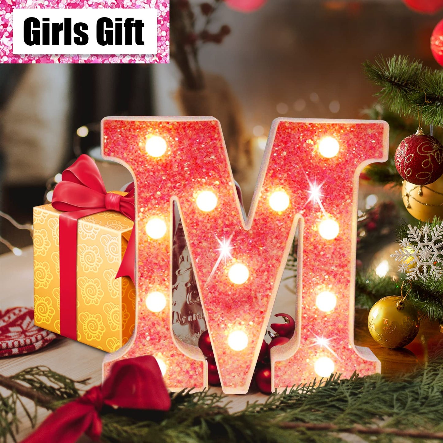 Pink Light Up Letters, Glitter Alphabet Letter Sign LED Marquee Letter Lights Battery Powered for Night Light Girls Bedroom Birthday Party Wedding Home Christmas Decorations Gift for Her-Pink N