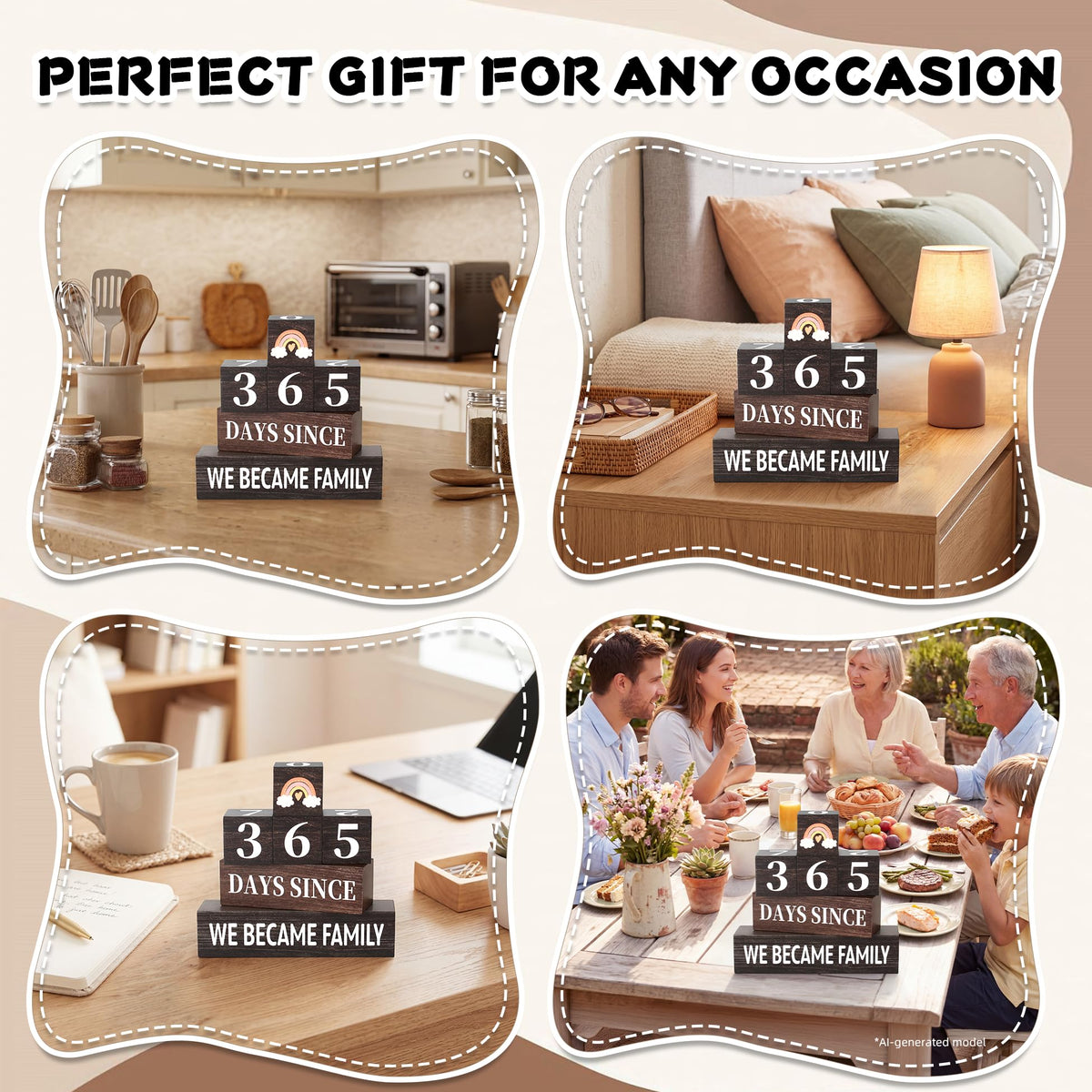 6 Pcs 365 Days Countdown Adoption Wooden Table Decor, Adopt Rustic Table Centerpiece Decorations for Home Office Shelf