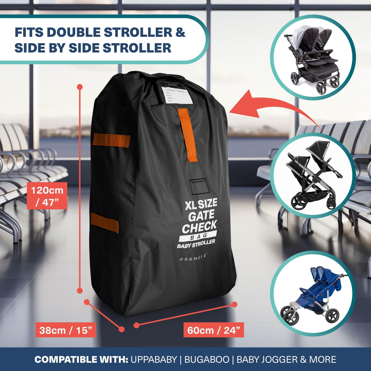 Bramble - XL Stroller Bag for Airplane - Extra Large Pram Bag for Airplane Travel - Water Resistant Double Pushchair Buggy Cover for Gate Check (Black)