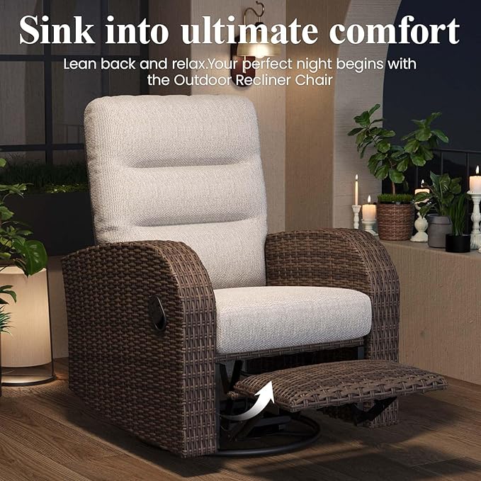 LayinSun Oversized Wicker Outdoor Swivel Glider Recliner with Adjustable Backrest & Footrest, Patio Reclining Lounge Chair - Set of 2