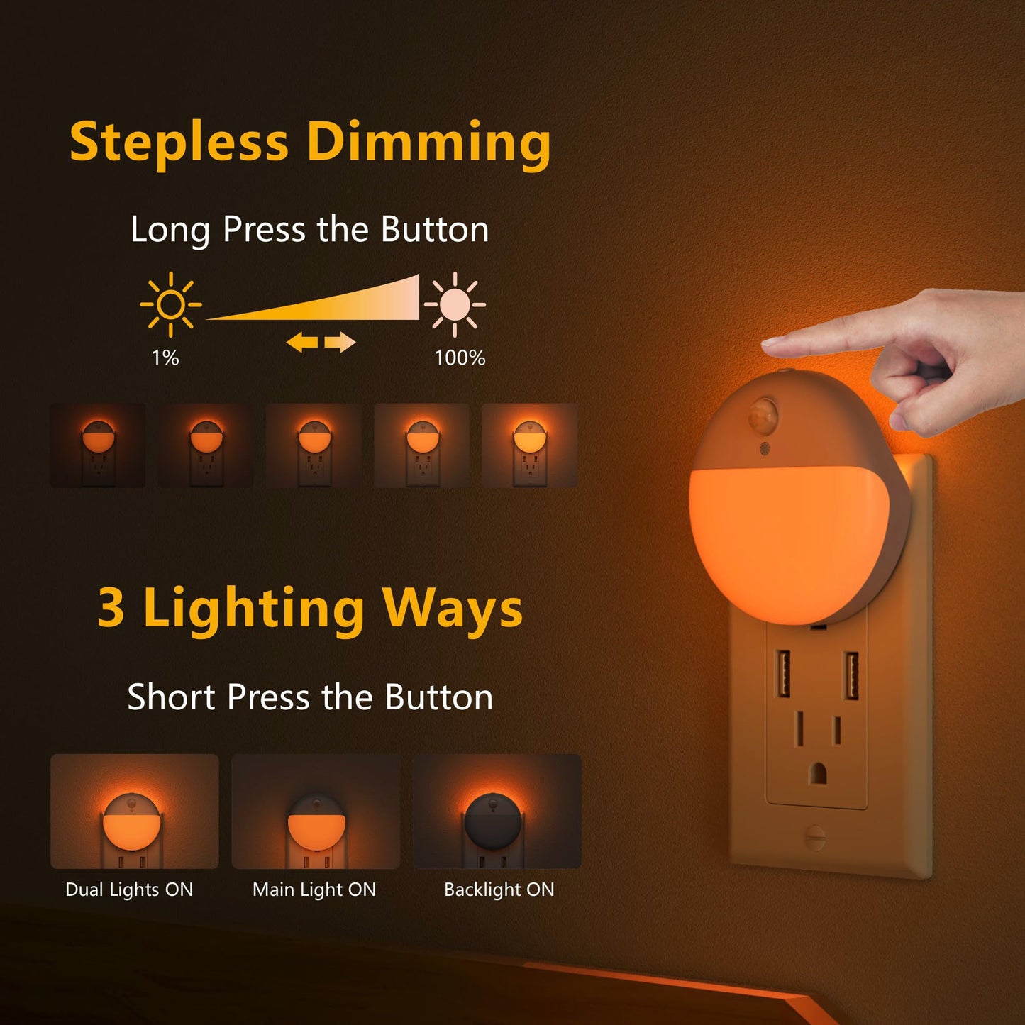 YUNLEX 2 Pack Plug in Sleep Night Light with Motion Sensor and Dusk to Dawn Sensor, 3 Modes, Soft Glow, Stepless Dimming, LED Lights for Bedroom, Sleep, Baby Nursery, Kids, Toddler, Home Decor (Amber)