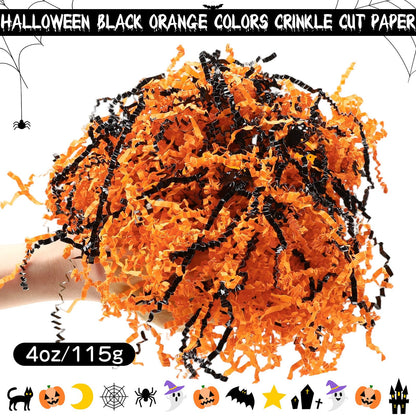 Jansun Halloween Black Orange Crinkle Cut Paper, 115g/4oz Shred Filler with Pumpkin Spider Bat Witch Confetti for Gift Wrapping Craft DIY Basket Filling Trick or Treat Candy Decorations