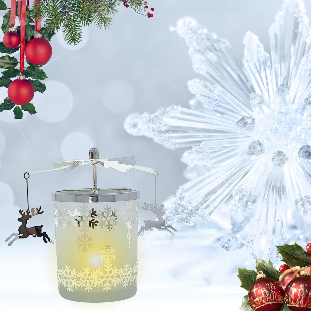 Reindeer Decor - Candle Spinner - Dangling Reindeer Spin Around Snowflake Candleholder - Spinner Turns from The Heat of The Candle - 5.5" H x 4.5" W