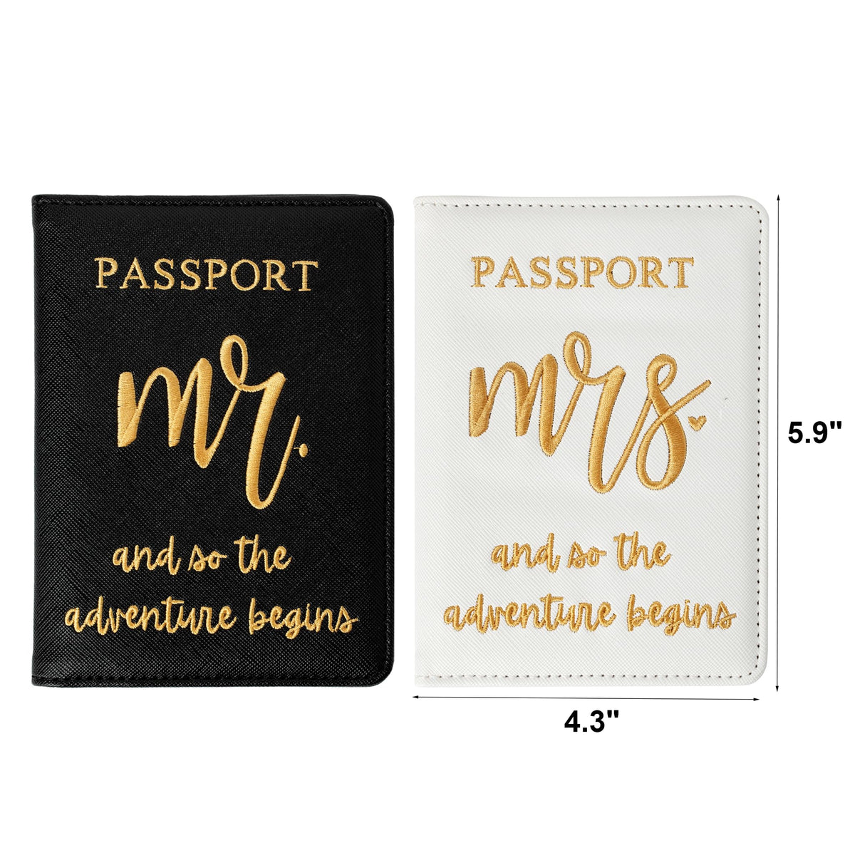 Passport Holder Set for Couples, Mr and Mrs Embroidered Passport Covers, PU Leather Travel Accessory, Wedding and Honeymoon Gift (Embroidered Black White Gold)