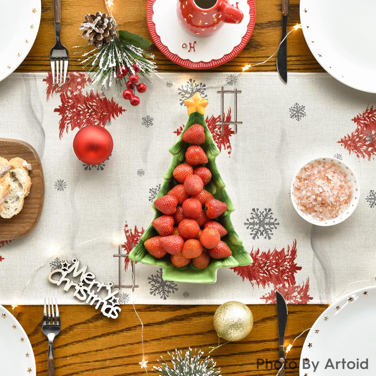 Artoid Mode Xmas Trees Let It Snow Red Snowman Christmas Table Runner, Seasonal Winter Holiday Kitchen Dining Table Decoration for Home Party Decor 13x72 Inch