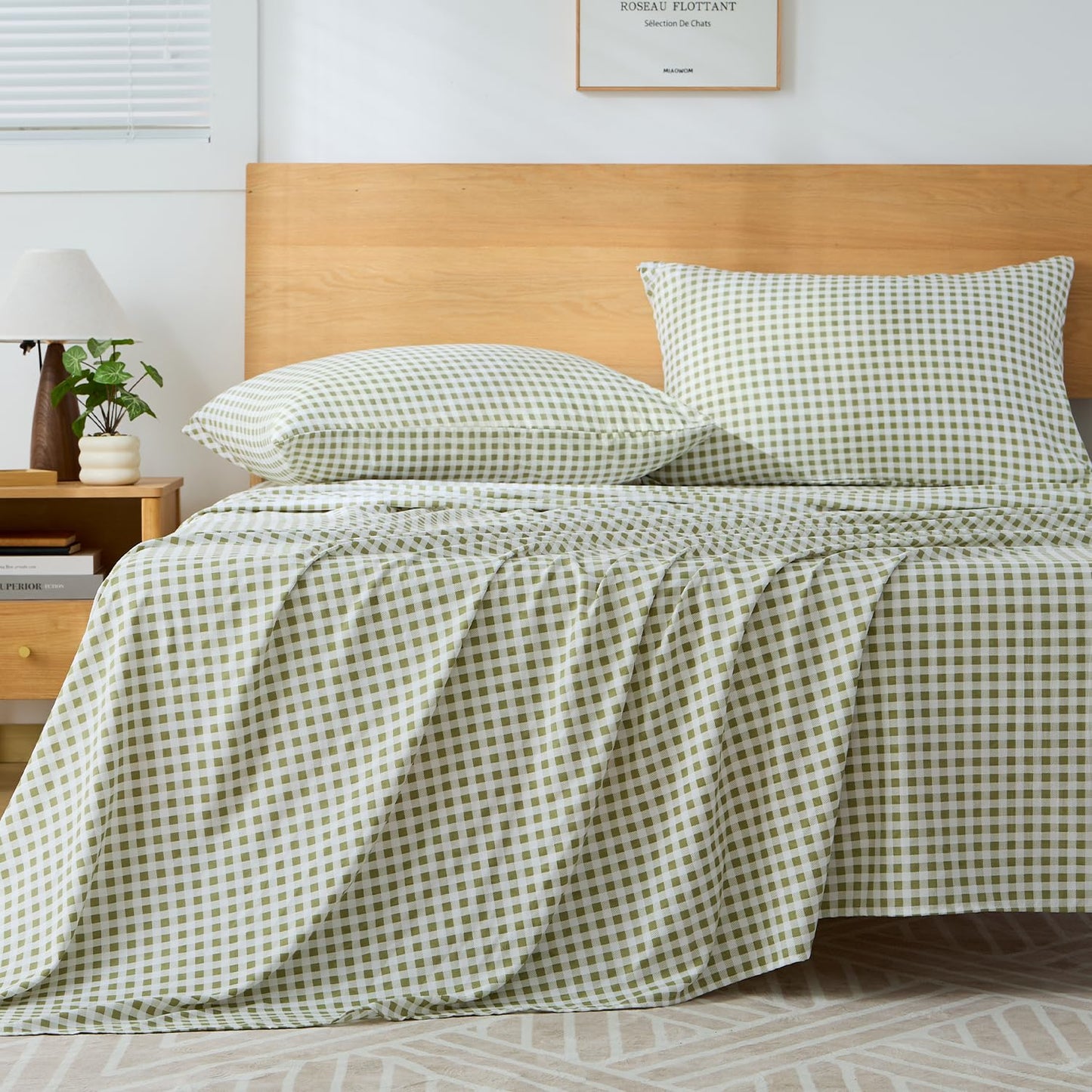 kisswish Sage Green Gingham Full Sheet Set, 4-Piece Soft Brushed Microfiber Bed Sheets - 16" Deep Pocket Fitted Sheet, Wrinkle & Fade Resistant, Hotel Luxury Bedding
