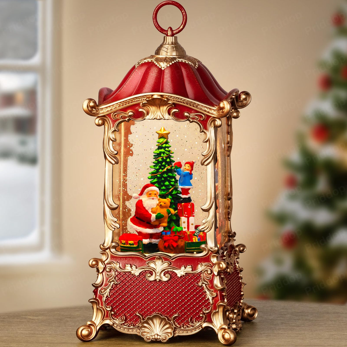 Priddop Santa Snow Globe Christmas Decorations Indoor Christmas Tree Gifts for Child Classic Relief Texture Musical Glitter Snowfall USB/Battery Timer Lantern 12.5 inch