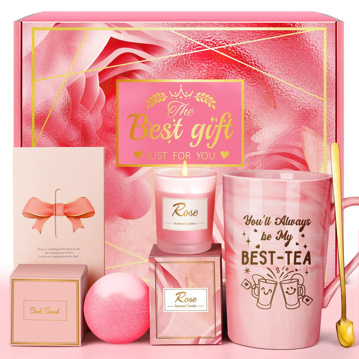 Bestie Gifts for Women: Eletorot BEST-TEA Friendship Gift for Best Friend Female, Pink Spa Relaxation Baskets Set, Galentines, Valentines, Mothers Day, Birthday, Christmas, Funny BFF Present
