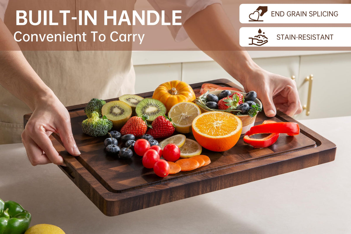 THETCHRY Walnut Wood Cutting Boards for Kitchen, End Grain Chopping Board Double Sided, Large Cutting Board with Handle, Charcuterie Butcher Block for Meal Prep & Serving with Gift Box, 17"×13"×1"